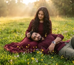 Golden Meadow Serenity: A Tender Moment in Burgundy and Emerald