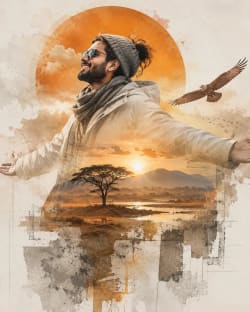 Savanna Sunrise: Traveler's Journey in Double-Exposure Collage