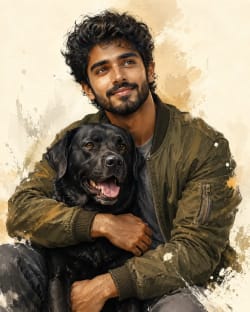  Tender Embrace: A Gouache Portrait of Man and Labrador