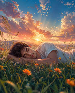 Meadow Slumber: Golden Hour Serenity in a Wildflower Field