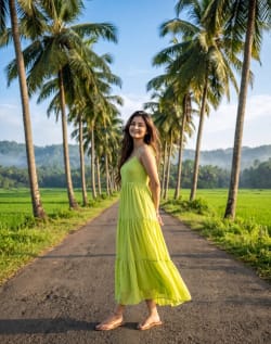 Tropical Elegance: A Golden-Hour Portrait Among Coconut Palms