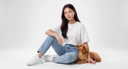 Studio Serenity: Casual Charm with a Golden Puppy Companion