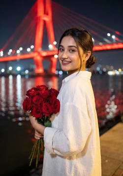 Crimson Roses by the Bay – A Nighttime Waterfront Portrait