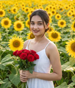 Serene Young Woman Portrait in Sunflower Field During Summer Season