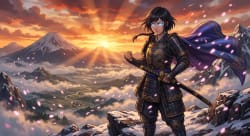 Stoic Female Samurai Warrior on Snow-Capped Volcanic Mountain Peak
