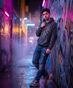Charismatic Influencer Portrait in Neon-Lit Cyberpunk Urban Alleyway