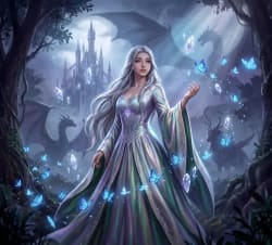 Regal Fantasy Queen in Mystical Forest with Glowing Butterflies