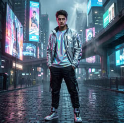 Confident Young Man Cyberpunk Portrait in Rain-Slicked Metropolis