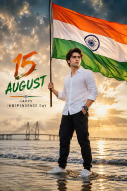 15 August Independence Day Poster: Man with Indian Flag at Sunset