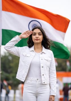 Dignified Indian Woman Saluting National Flag in Realistic Outdoor Portrait