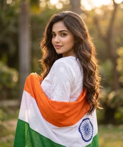 Young Indian Woman with Flag in Golden Hour Botanical Garden Portrait