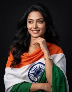 Elegant South Asian Woman Draped in Indian Flag Studio Portrait