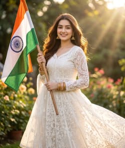 Young Indian Woman in White Anarkali Holding Flag in Sunlit Garden