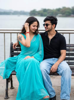 Romantic Couple Portrait on Park Bench Along Scenic Lakeside Promenade