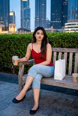 Young Woman Seated on Urban Park Bench With Coffee at Dusk