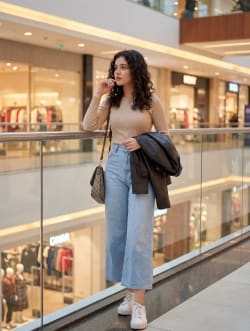 Casual Fashion Editorial Portrait of Curly Haired Woman in Mall