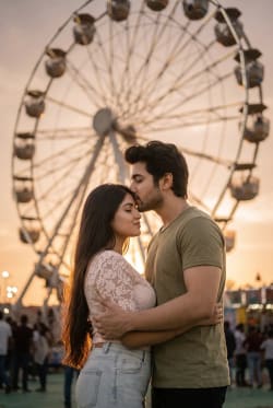 Cinematic Golden Hour Portrait of Couple at Amusement Park Ferris Wheel