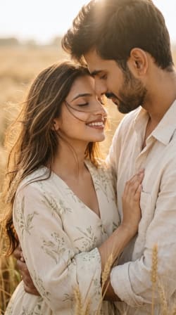 Intimate Couple Embracing in Golden Wheat Field Under Warm Sunlight