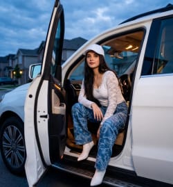 Blue Hour Fashion Editorial Portrait of Woman in Open Luxury SUV