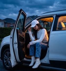 Blue Hour Editorial Fashion Portrait of Woman Sitting in White SUV