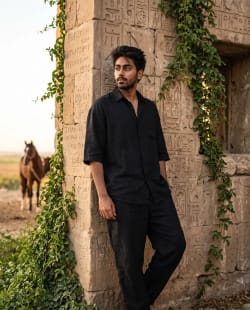 Man in Black Linen Outfit Leaning Against Ancient Inscribed Wall