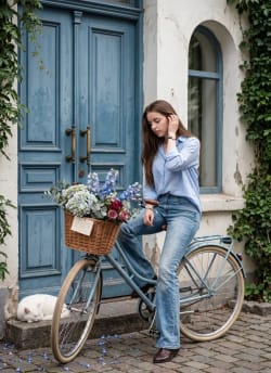 Woman on Vintage Blue Bicycle With Flowers Outside Rustic European Door