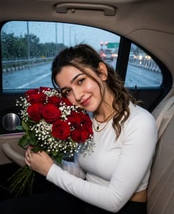 Indian Woman Holding Red Roses in Luxury Car on Rainy Evening