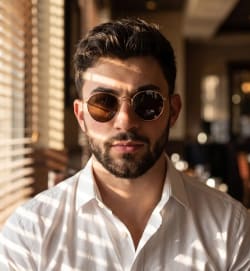 Fashion Portrait of Bearded Man in White Shirt with Sunglasses