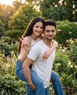 Happy South Asian Couple Piggyback Portrait in Sunlit Garden