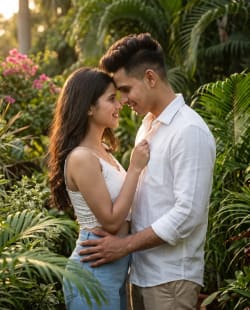Young South Asian Couple Holding Each Other In Lush Botanical Garden