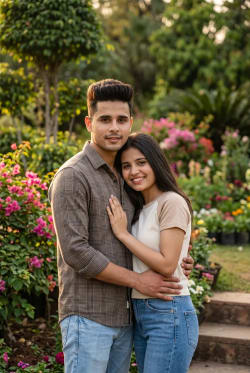 South Asian Couple Outdoor Portrait in Botanical Garden at Golden Hour