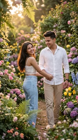 Young South Asian Couple Walking Hand in Hand Through Blooming Garden