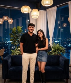 Elegant Couple Standing in Luxury Night Cafe with City View