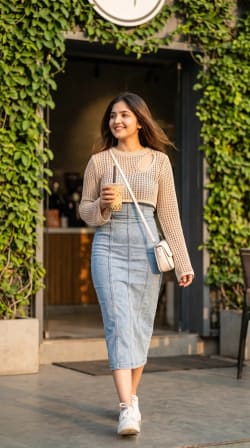 Woman in Crochet Sweater and Denim Midi Dress Walking Near Cafe