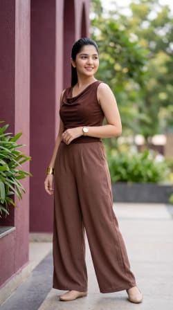 Full Body Fashion Portrait of Woman in Brown Palazzo Outfit