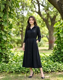 Full Body Fashion Portrait of Woman in Black Dress Outdoors
