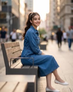 Stylish Woman in Denim Dress Sitting on City Bench Street Portrait