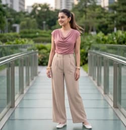 Elegant Street Fashion Portrait of Woman on Modern Glass Bridge