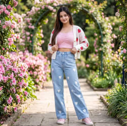 Full Body Portrait of Woman in Pastel Strawberry Cardigan and Garden Pathway