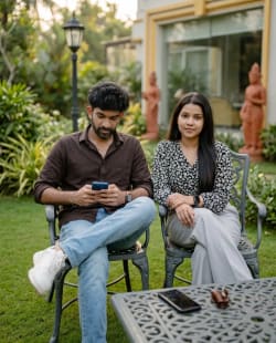 South Asian Couple Seated in Garden Outdoor Editorial Portrait Photography