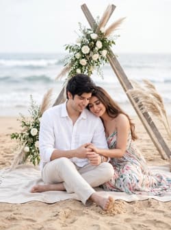Romantic Couple Picnic Shoot on Sandy Beach with Wooden Floral Teepee
