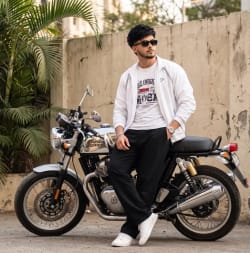 Stylish Young Man Leaning On Retro Motorcycle In Urban Street Photography