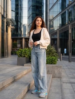 Casual Fashion Editorial Portrait of Woman on Modern Urban Steps