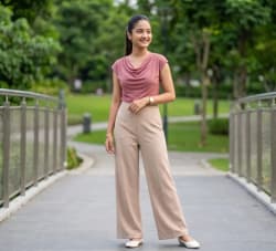 Elegant Woman in Dusky Rose Top and Beige Trousers on Bridge