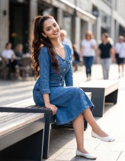 Fashion Editorial Portrait of Woman in Blue Denim Midi Dress