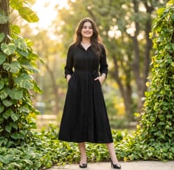 Sunlit Outdoor Fashion Portrait of Woman in Black Midi Dress