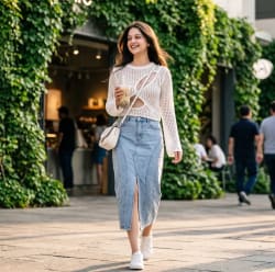 Full Length Fashion Lifestyle Portrait Of Woman Outside Urban Cafe