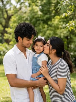 Candid South Indian Family Portrait in Sunlit Green Outdoor Park