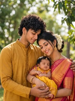 South Indian Couple Holding Sleeping Baby Outdoor Family Portrait Photography