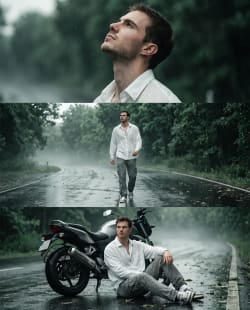 Cinematic Triptych Collage of Man on Rain Drenched Forest Road